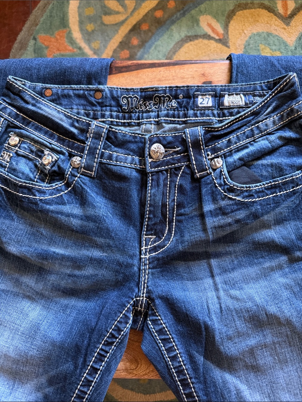 Miss Me Dark Blue Boot cut Jean with Contrast Stitching.